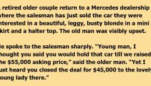 Car Salesman Gives Better Price to Beautiful Blonde, Angers Older Couple