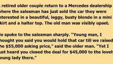Car Salesman Gives Better Price to Beautiful Blonde, Angers Older Couple