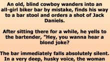 A Blind Cowboy Tells A Blonde Joke To A Bar Full Of Blondes