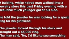 A balding, white haired man walked into a jewelry store with a beautiful younger gal