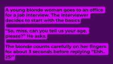 A young blonde woman goes to an office for a job interview