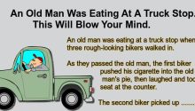 An Old Man Was Eating At A Truck Stop