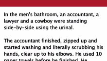 Three men are using the bathroom, but watch how the cowboy reacts to the other two